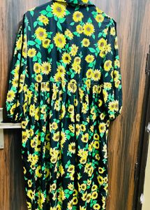 Sunflower Print Button-Down Midi Dress