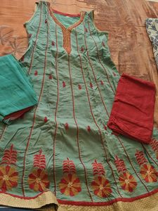 Embroidered Cotton Kurta Set with pants and dupatt