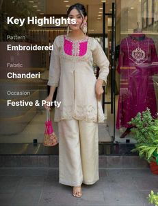 Elegant White Kurta Set with Pink Embellishments