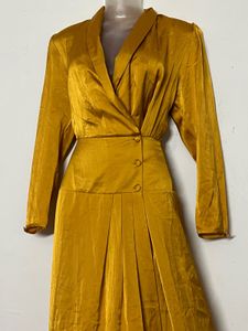 Pintresty Mustard Yellow Satin Wrap Dress