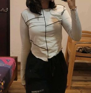 Cream Long Sleeve Top with Contrast Stitching
