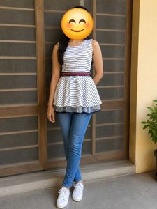 Striped Peplum Top with Layered Hem