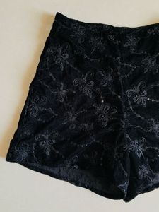 Black Velvet Floral Embroidered Shorts