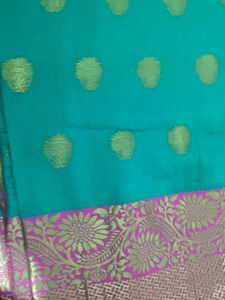 Beautiful Teal Saree with Gold &amp; Pink Border