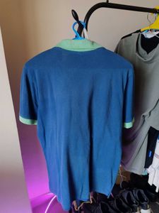 Men's Blue Polo Shirt with Green Collar