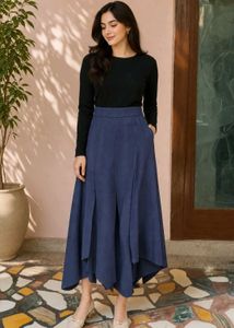 Ouwey Dark Blue Asymmetrical Midi Skirt
