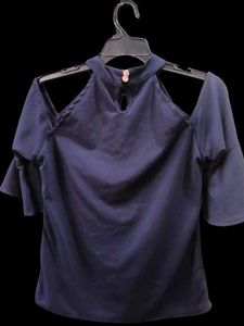 Navy Blue Embroidered Cold Shoulder Top