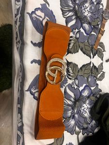 Orange Elastic Belt with Gold &amp; Crystal Buckle
