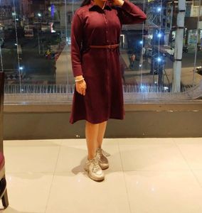 Maroon Button-Down Midi Dress with Belt