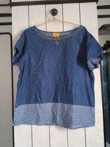 Denim Embroidered Short Sleeve Top