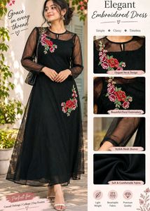 Elegant Embroidered Black Mesh Dress