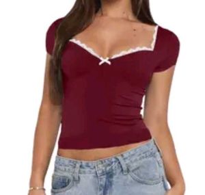 Burgundy Lace Trim Crop Top