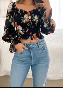 Floral Print Long Sleeve Crop Top
