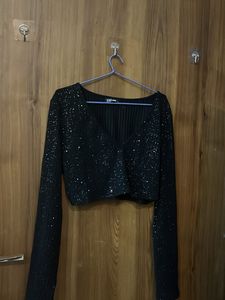 Sparkly Black V-Neck Cropped Top