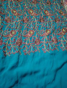 Beautiful Teal Embroidered Silk Saree