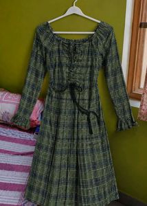 Green Plaid Off-Shoulder Dress