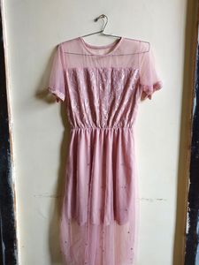 Romantic Pink Mesh &amp; Embroidered Midi Dress