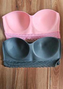 Strapless Lace Bras - Pink &amp; Grey Set