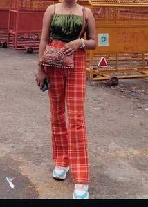 Orange Plaid Flare Pants