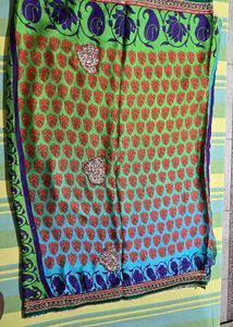 Green & Blue Saree with Leaf Print.