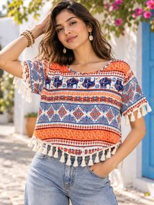 Boho Elephant Print Tassel Top