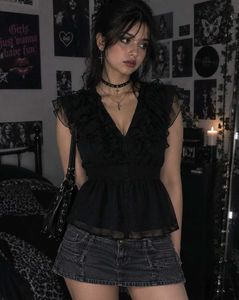 Y2k Vintage Gothic Black Ruffled Sleeve Top