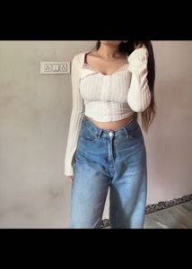 White Long Sleeve Ribbed korean Top with Lace Neck