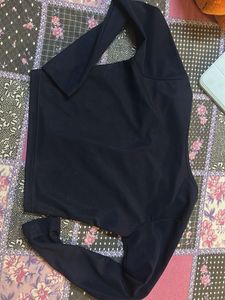 Navy Blue V-Neck Long Sleeve Crop Top