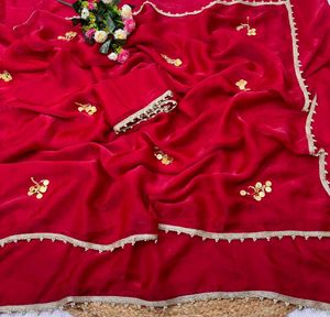 Vibrant Red Embroidered Saree