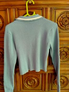 Blue Cropped Polo Knit Top