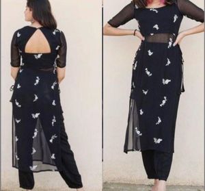 Stylish Black Kurta Set with White Embroidery
