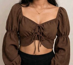 Brown Tie-Front Puff Sleeve Top