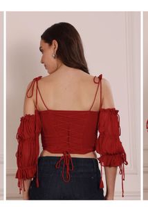 Red Off-Shoulder Corset Top with Tassels