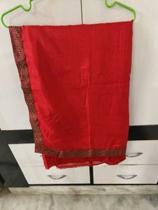 Vibrant Red Silk Saree with Embellished Border