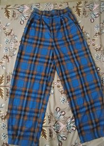 Blue Plaid Wide Leg Pants
