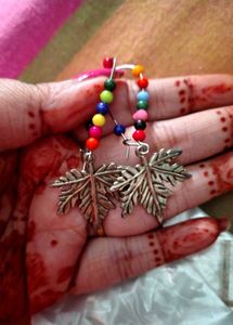 Oxidised Unique Leaf &amp; Bead Dangle Earrings