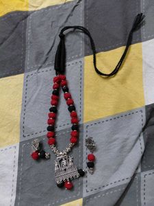 Red and Black Beaded Necklace with Earrings Set