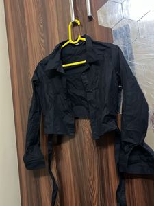 Black Cropped Button-Up Shirt with Tie Sleeves