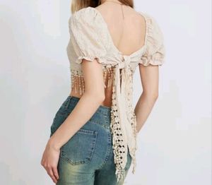 Cream Textured Crop Top with Fringe