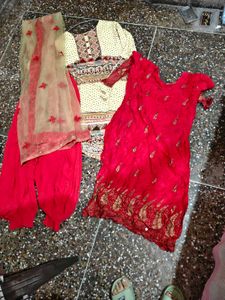 Red  Beige Embroidered Kurtas 2 and lower dupata