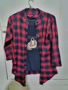 Stylish Red N Black Checked Shirt Women With Tee