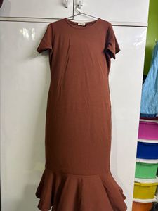 Brown Midi Dress with Ruffle Hem