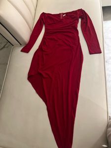 Red Off-Shoulder Ruched Asymmetrical Dress