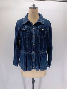 Dark Wash Denim Jacket with Pleated Hem