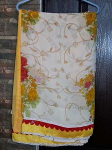 Floral Print Saree with Yellow, Red Border