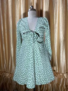 Green Floral Print Bow Detail Dress
