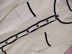 ⚡Elegant Cream Ribbed Cardigan with Black Trim