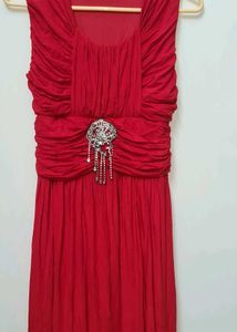 Elegant Red Ruched Dress with Embellishment