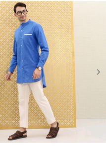 Blue Short Kurta For Men , Ode By House Of Pataudi