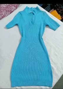 Blue Ribbed Knit Midi Dress